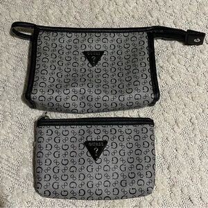 Guess Logo Black And Gray Cosmetic Makeup Bags Set of 2 Small Fits In Big